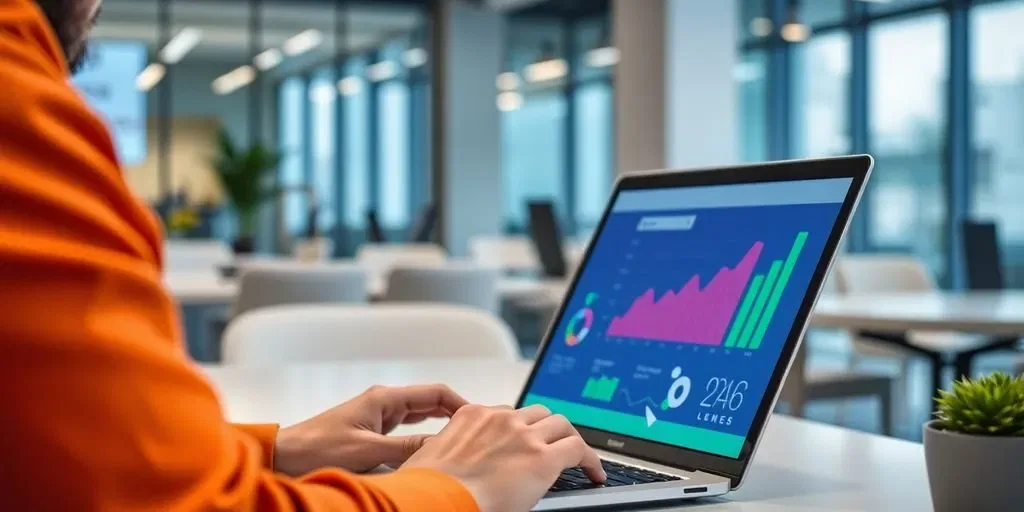 Persoon werkt aan laptop in moderne kantooromgeving.