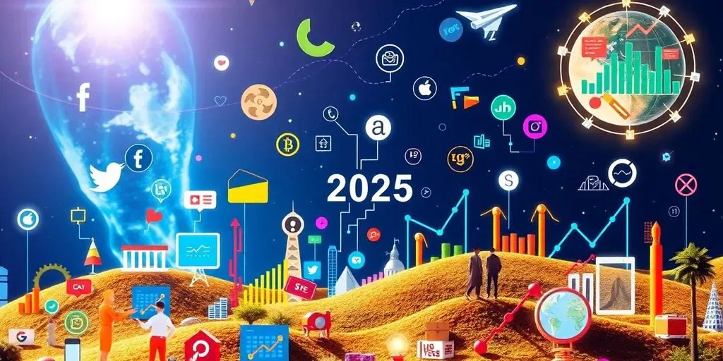 Kleurrijke iconen van online marketingtrends voor 2025.