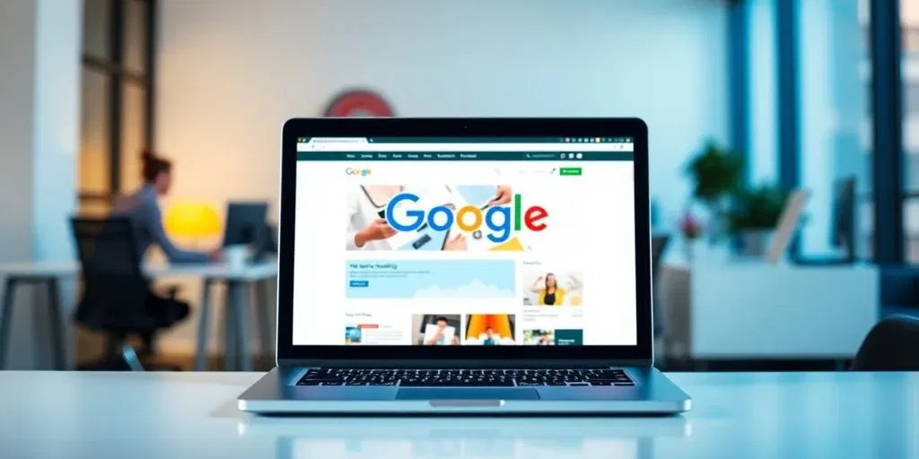 Laptop met website op het scherm in een kantooromgeving.