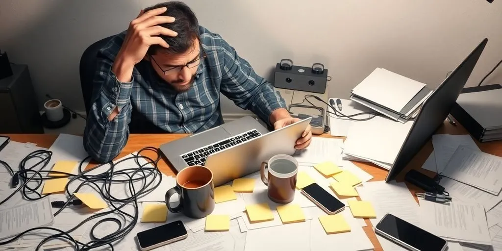Frustrerende persoon bij rommelig bureau met koffiemok, laptop en kabels