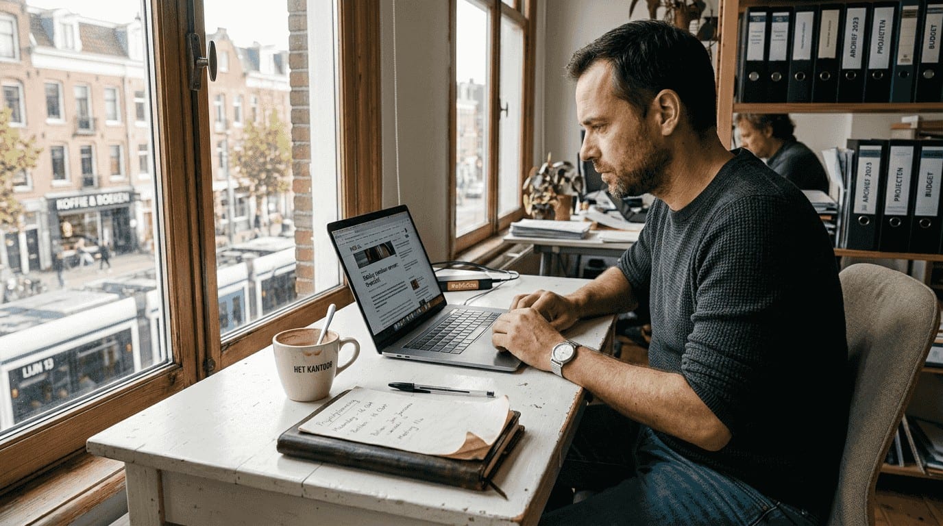 Man-bekijkt-website-aan-bureau-in-kantoor Een man zit achter zijn bureau op kantoor en surft op een website.