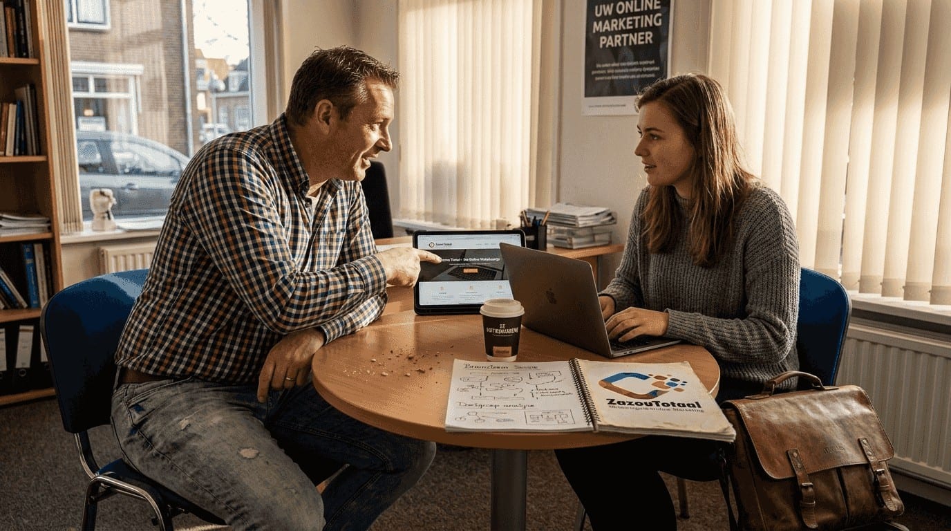 Een ondernemer bespreekt samen met een webdesigner in het kantoor de plannen voor een nieuwe website.