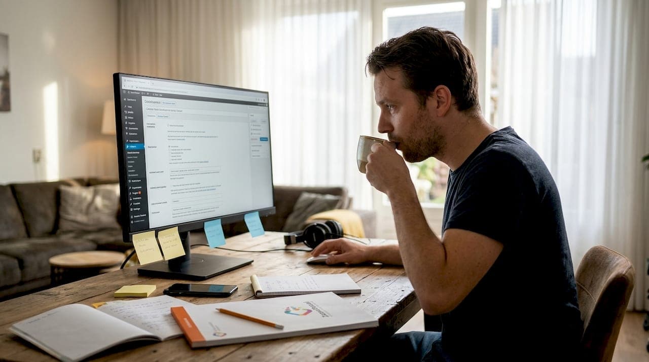 Een ontwerper werkt aan de vernieuwing van zijn website aan de eettafel in de woonkamer.