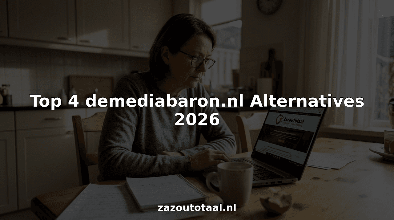 Een ondernemer zit aan de keukentafel en bekijkt kritisch zijn website op de laptop.