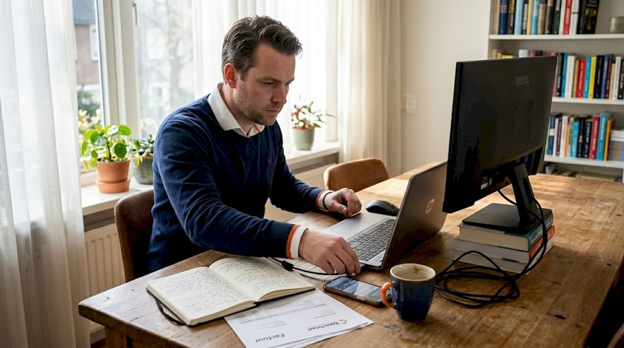 1775809715594_Ondernemer-koppelt-laptop-en-noteert-ideeen Een ondernemer opent zijn laptop en schrijft nieuwe ideeën op.
