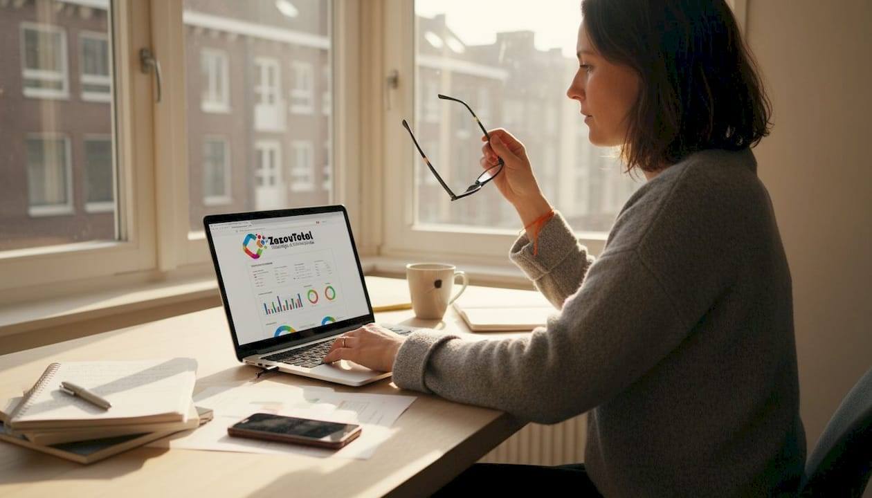 1776158439400_image Een ondernemer bekijkt en beoordeelt zijn website op de laptop.