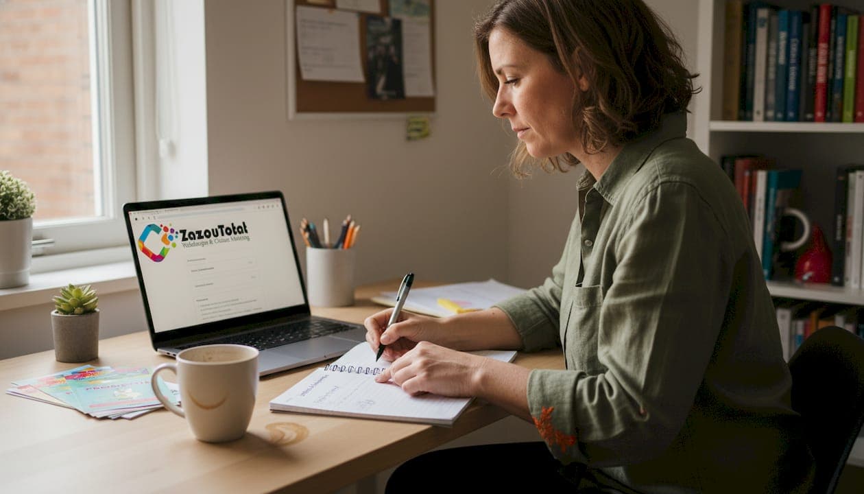 Een ondernemer werkt vanuit huis aan het bouwen van zijn website.