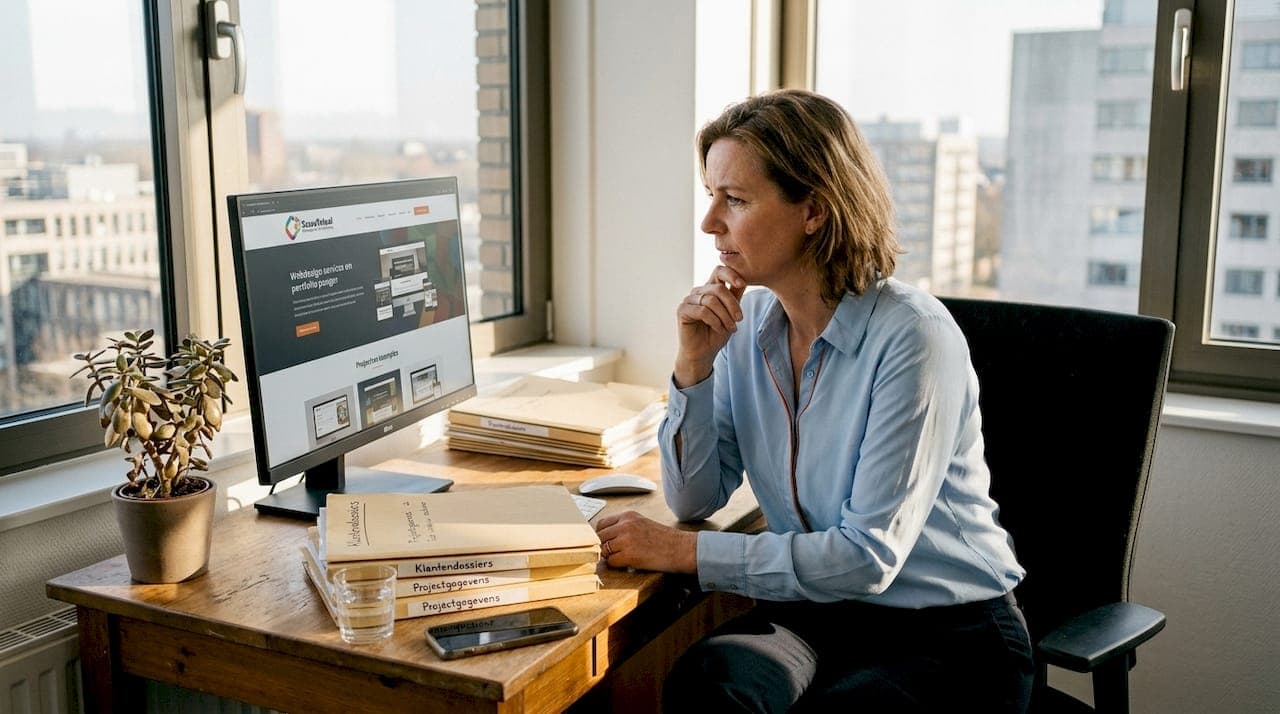 Ondernemer kijkt kritisch zijn portfolio website na