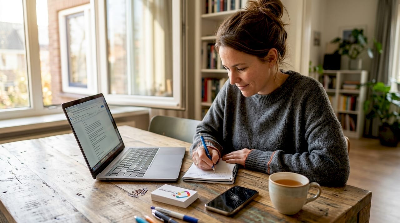 Zelfstandig ondernemer aan het werk achter zijn laptop, gewoon vanuit huis.