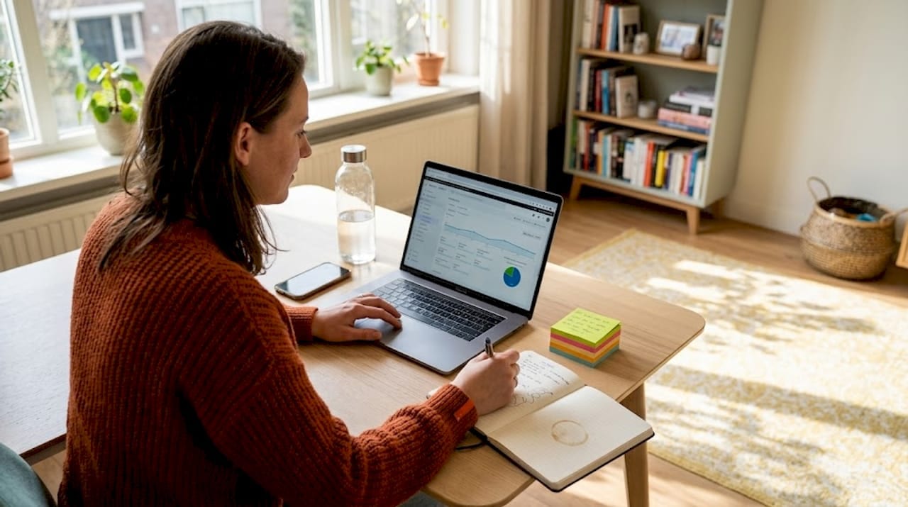 In zijn werkkamer thuis verdiept een ondernemer zich in de statistieken van zijn website.