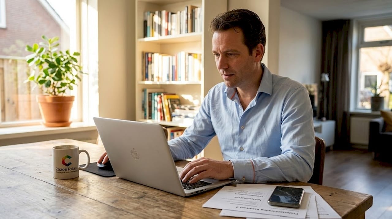 1776597049105_Man-werkt-aan-laptop-in-thuiskantoor Een man zit aan zijn bureau thuis te werken op zijn laptop.