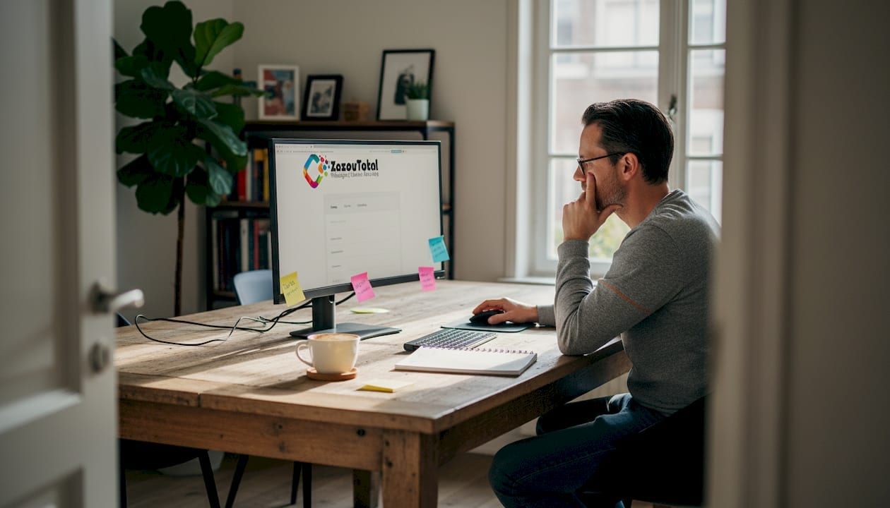 1776679258197_image Achter zijn bureau zet een webdesigner zich aan het ontwikkelen van een unieke, op maat gemaakte website.
