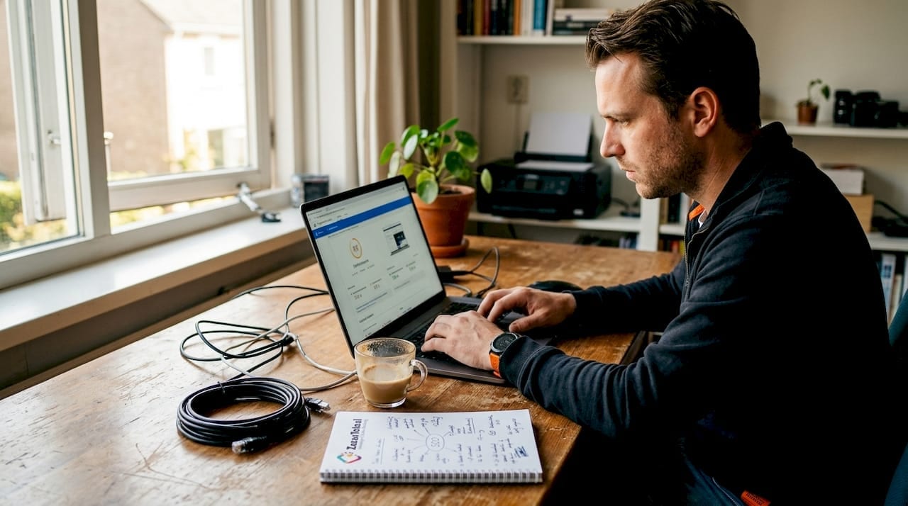1777015173795_Man-test-websitesnelheid-op-laptop-thuis-1 Man controleert de laadtijd van websites op zijn laptop thuis