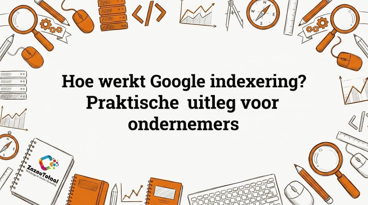 Titelkaart met handgetekende illustraties en SEO-elementen in de hoeken