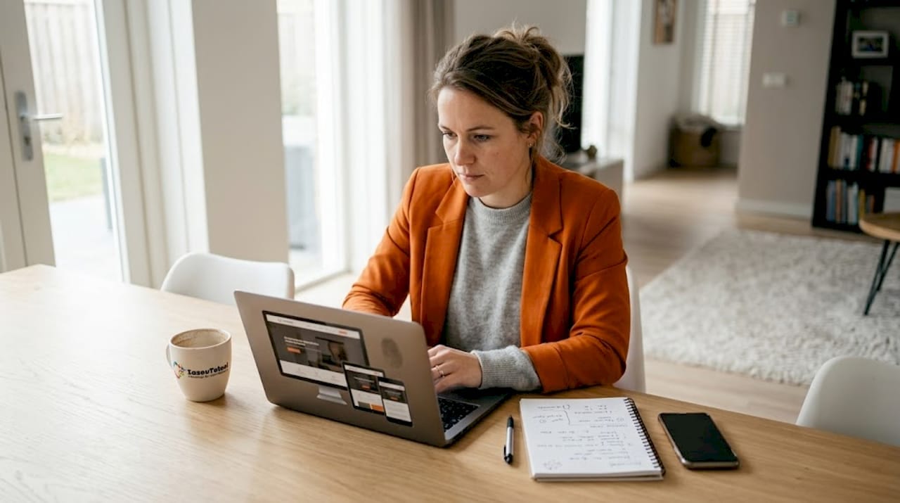 1778301904386_Vrouw-werkt-professioneel-aan-website-aan-keukentafel Aan de keukentafel werkt een vrouw geconcentreerd aan haar website