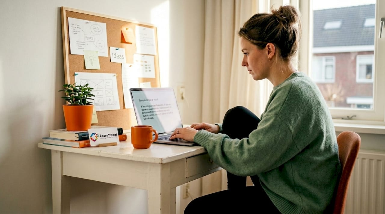 1778650111224_Freelancer-builds-personal-brand-at-home-desk Achter zijn eigen bureau werkt deze freelancer hard aan het opbouwen van een sterk persoonlijk merk.