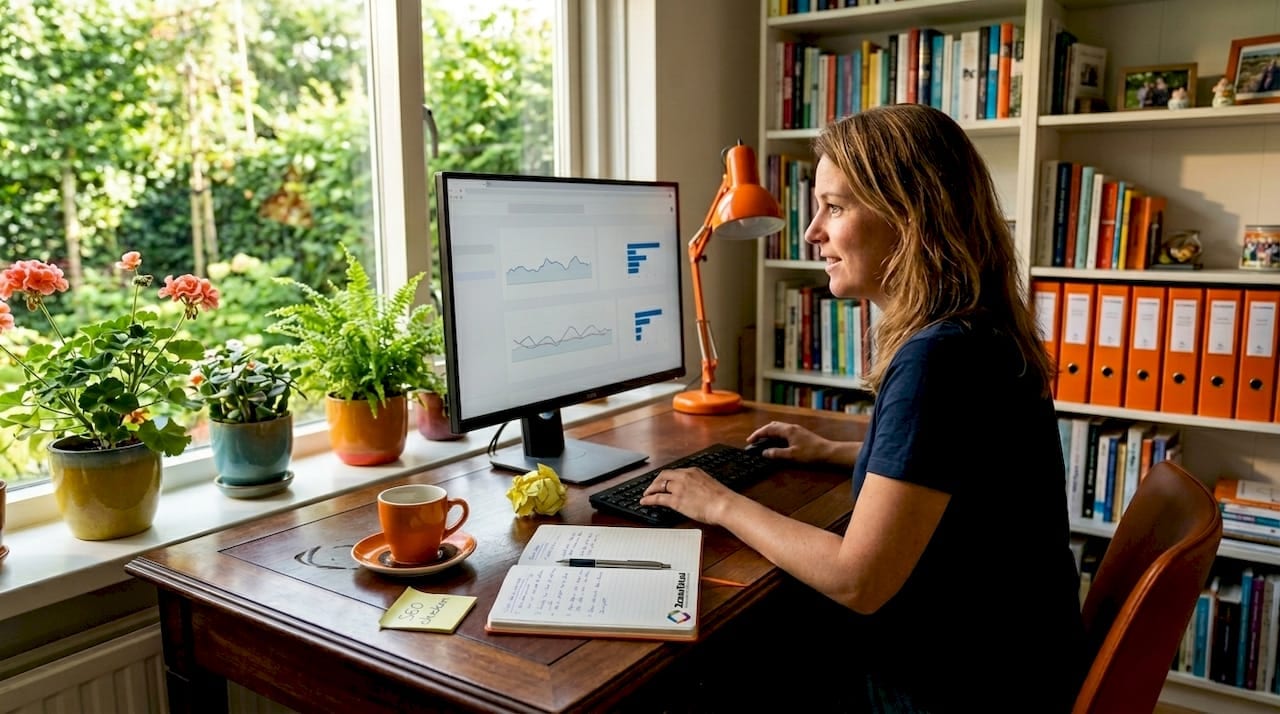 Een webanalist verdiept zich aan zijn bureau in de cijfers en trends van de website.