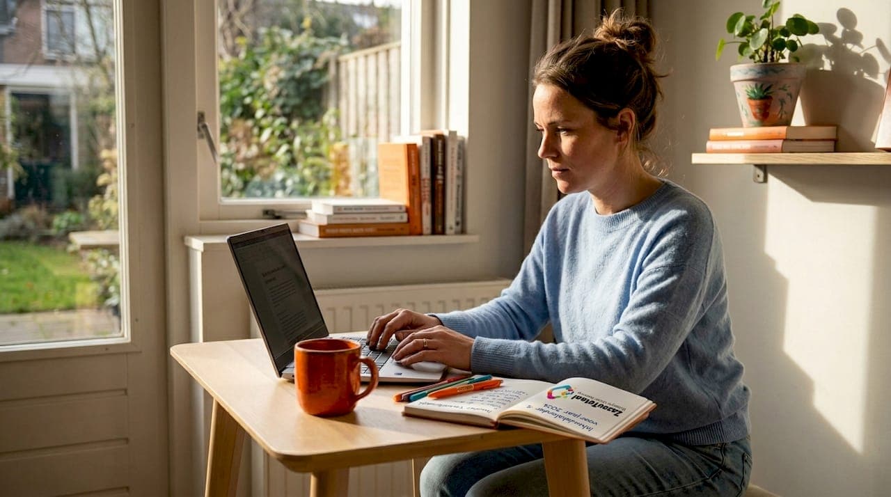 Vrouw aan het bloggen aan de keukentafel, haar werkplek lekker informeel ingericht.
