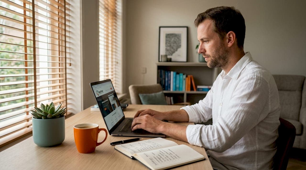 1780037337101_Entrepreneur-working-focused-at-home-office-desk Ondernemer werkt geconcentreerd achter zijn bureau in de thuiswerkplek.